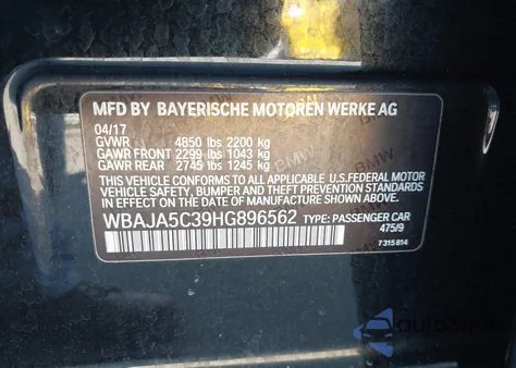 2017 BMW 530I из США, поврежденный, VIN WBAJA5C39HG896562